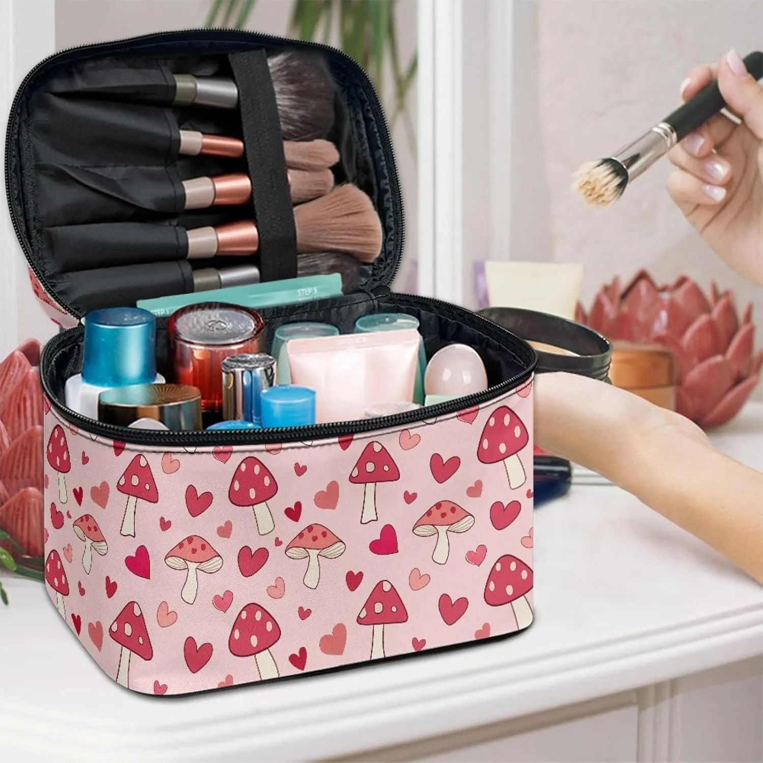 Pink Mushroom Professional Makeup Organizer  Large Travel Makeup Bag with 5 Brush Pockets & Zippered Compartment | Polyester Makeup Bags for Women