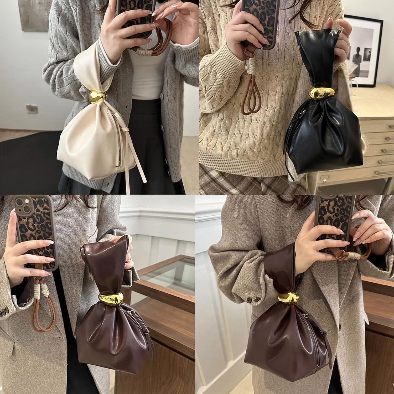 Pleated Bucket Bag for Women Elegant PU Leather Handbag Casual Evening Purse Top Handle Bag with Spacious Interior