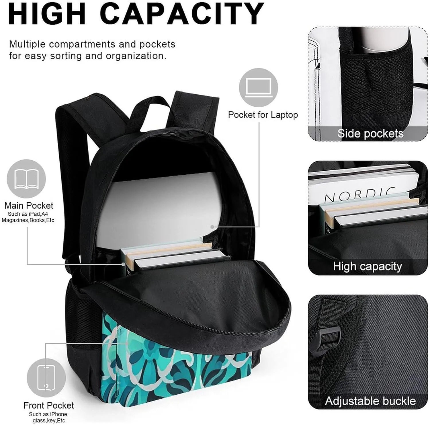 Portable Backpack Set with Lunch Bag & Pencil Case, Blue-green Coral Pattern Print 3-in-1 Durable Work Bag,Adjustable Straps,Lightweight & Spacious