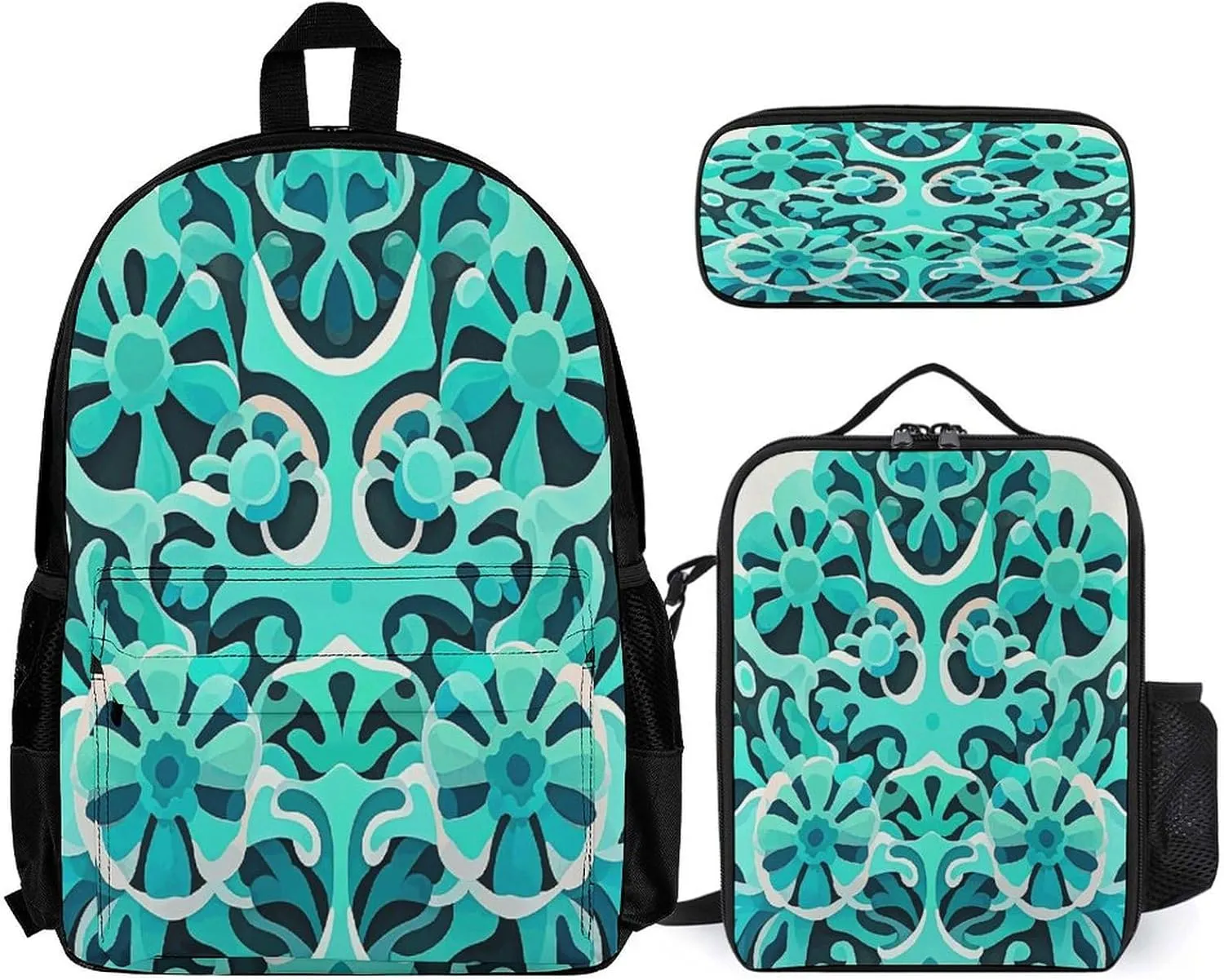 Portable Backpack Set with Lunch Bag & Pencil Case, Blue-green Coral Pattern Print 3-in-1 Durable Work Bag,Adjustable Straps,Lightweight & Spacious