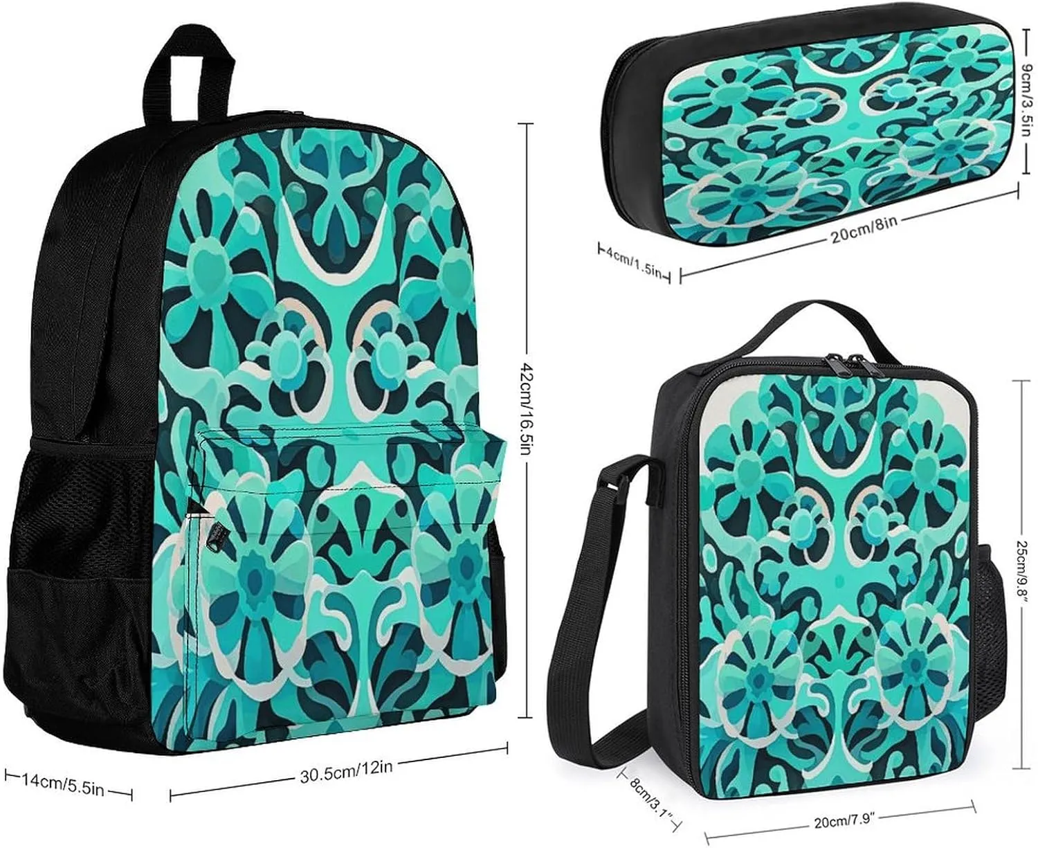 Portable Backpack Set with Lunch Bag & Pencil Case, Blue-green Coral Pattern Print 3-in-1 Durable Work Bag,Adjustable Straps,Lightweight & Spacious