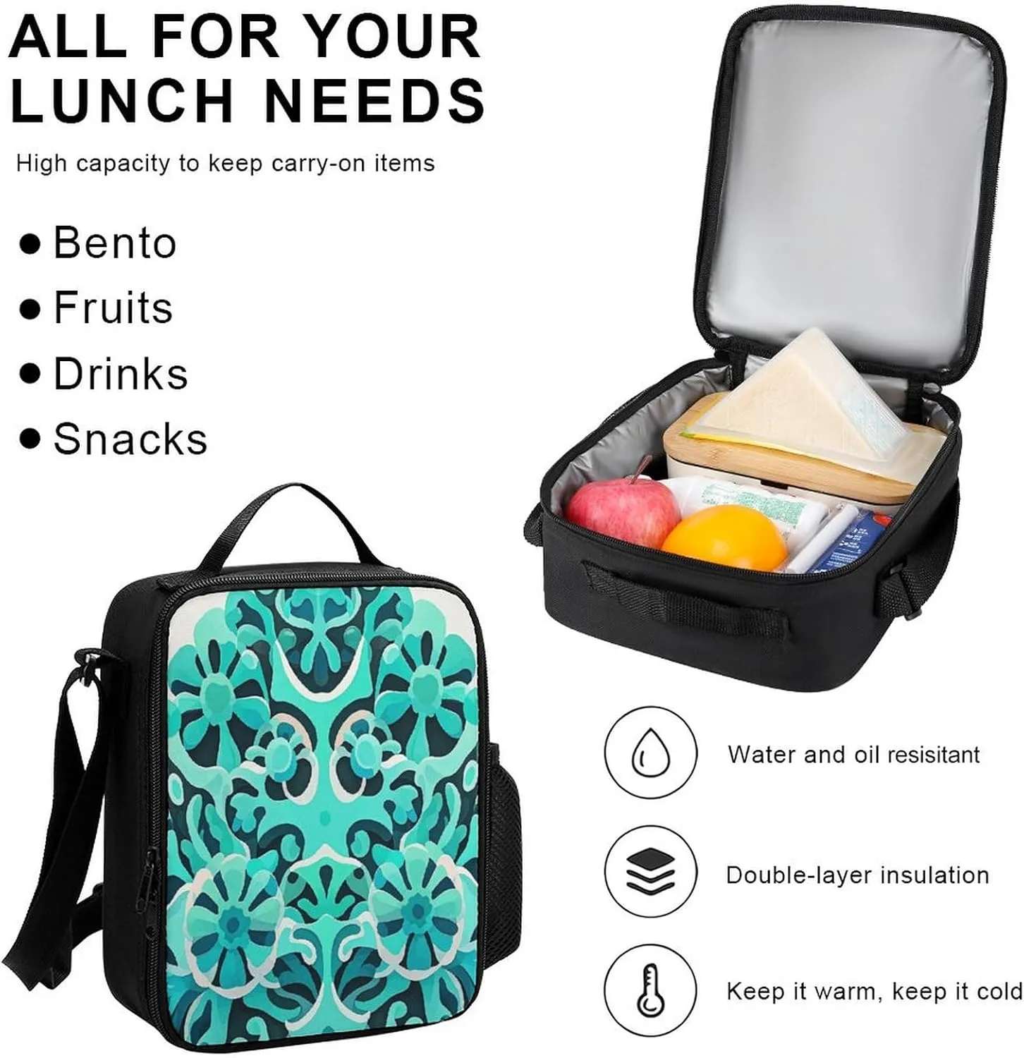 Portable Backpack Set with Lunch Bag & Pencil Case, Blue-green Coral Pattern Print 3-in-1 Durable Work Bag,Adjustable Straps,Lightweight & Spacious