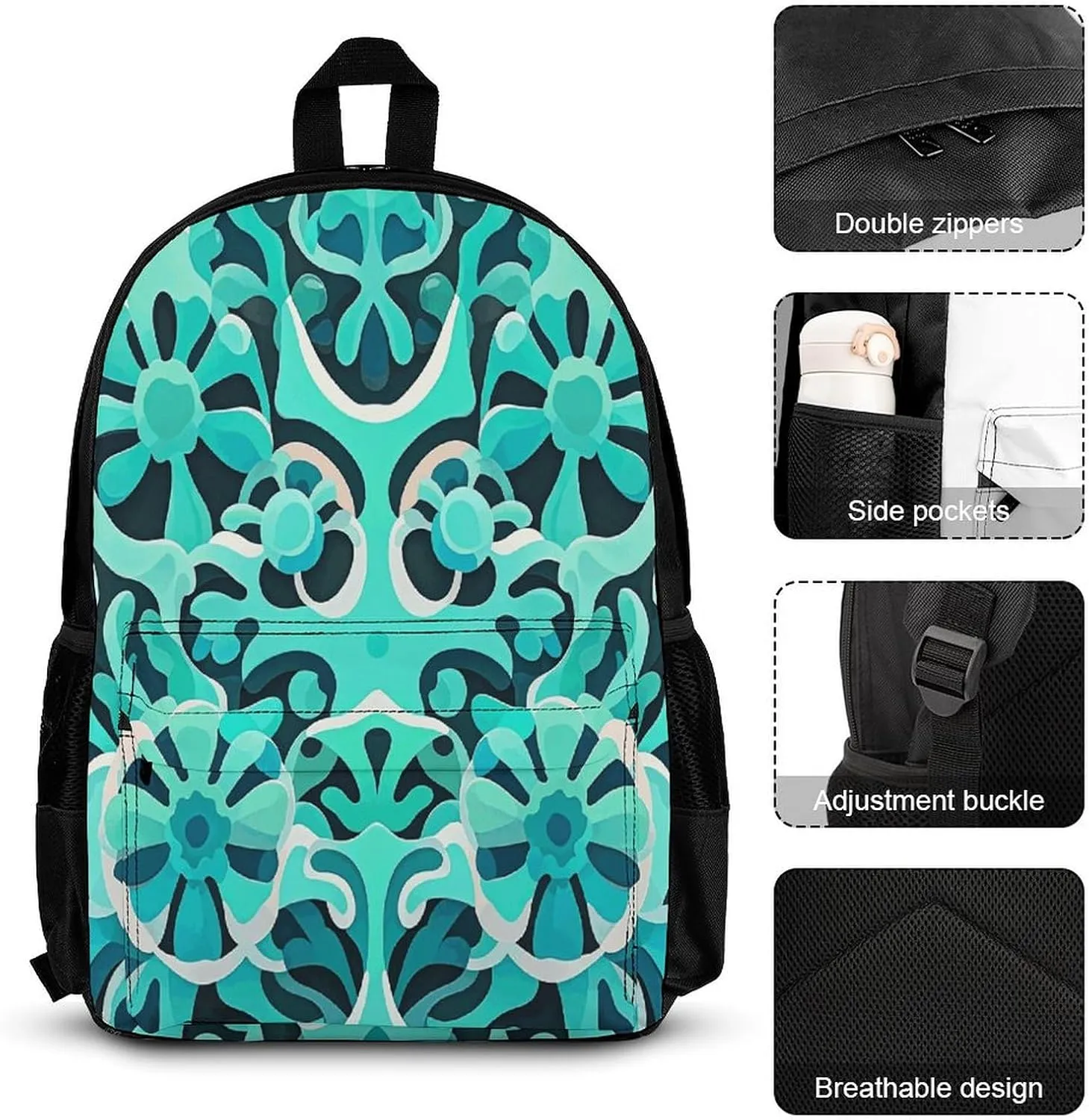 Portable Backpack Set with Lunch Bag & Pencil Case, Blue-green Coral Pattern Print 3-in-1 Durable Work Bag,Adjustable Straps,Lightweight & Spacious
