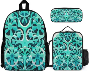 Portable Backpack Set with Lunch Bag & Pencil Case, Blue-green Coral Pattern Print 3-in-1 Durable Work Bag,Adjustable Straps,Lightweight & Spacious