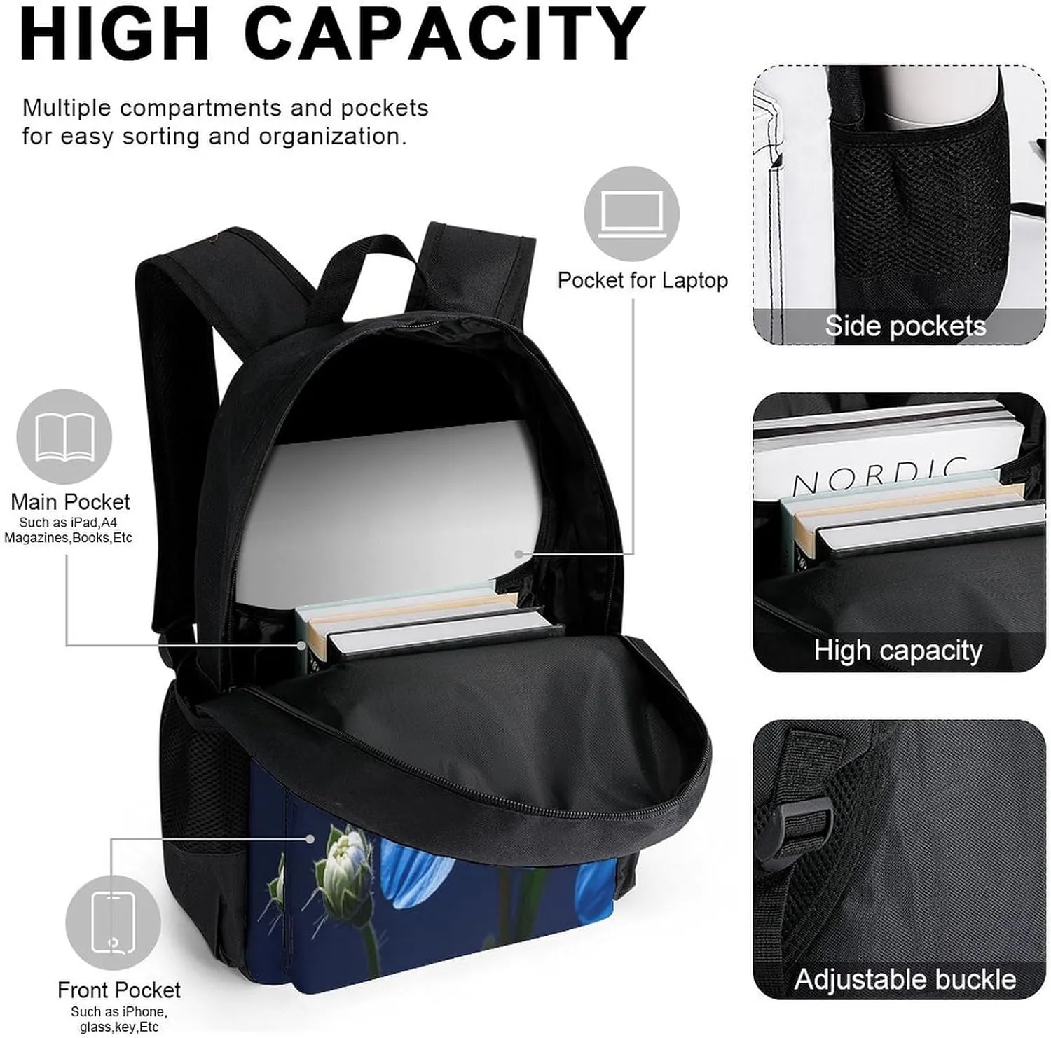 Portable Backpack Set with Lunch Bag & Pencil Case, Blue Twinkle Flower Print 3-in-1 Durable Work Bag,Adjustable Straps,Lightweight & Spacious