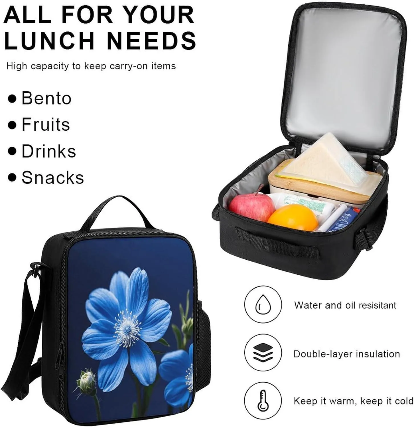 Portable Backpack Set with Lunch Bag & Pencil Case, Blue Twinkle Flower Print 3-in-1 Durable Work Bag,Adjustable Straps,Lightweight & Spacious