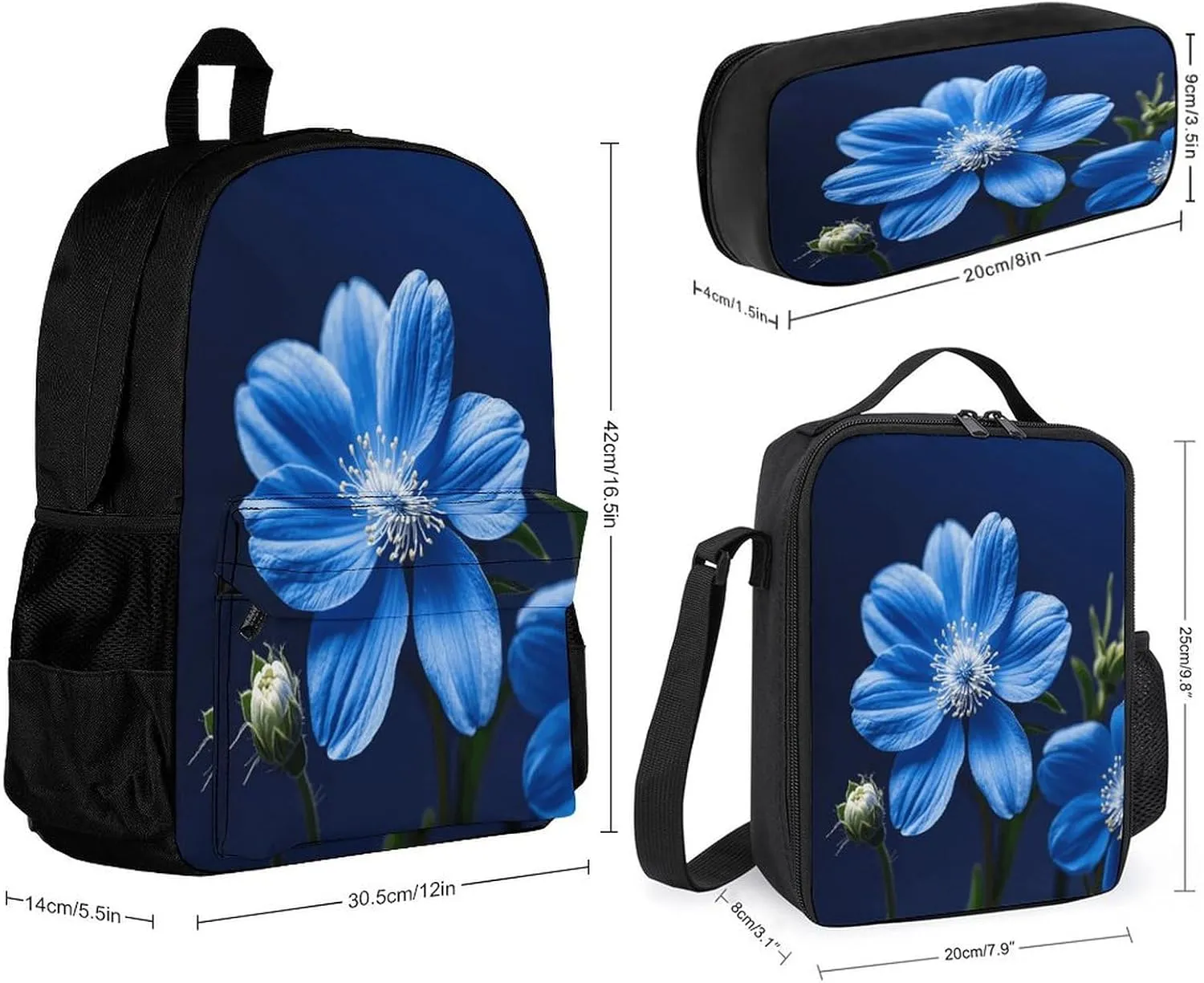 Portable Backpack Set with Lunch Bag & Pencil Case, Blue Twinkle Flower Print 3-in-1 Durable Work Bag,Adjustable Straps,Lightweight & Spacious