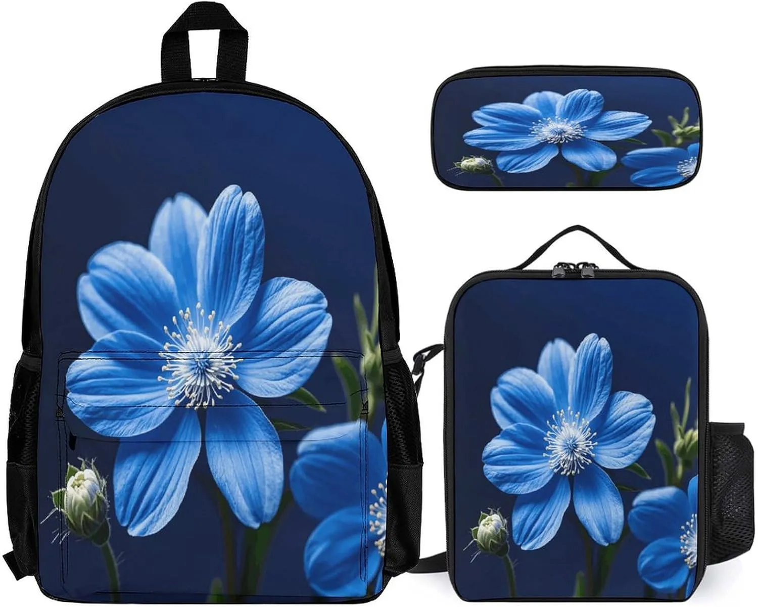Portable Backpack Set with Lunch Bag & Pencil Case, Blue Twinkle Flower Print 3-in-1 Durable Work Bag,Adjustable Straps,Lightweight & Spacious