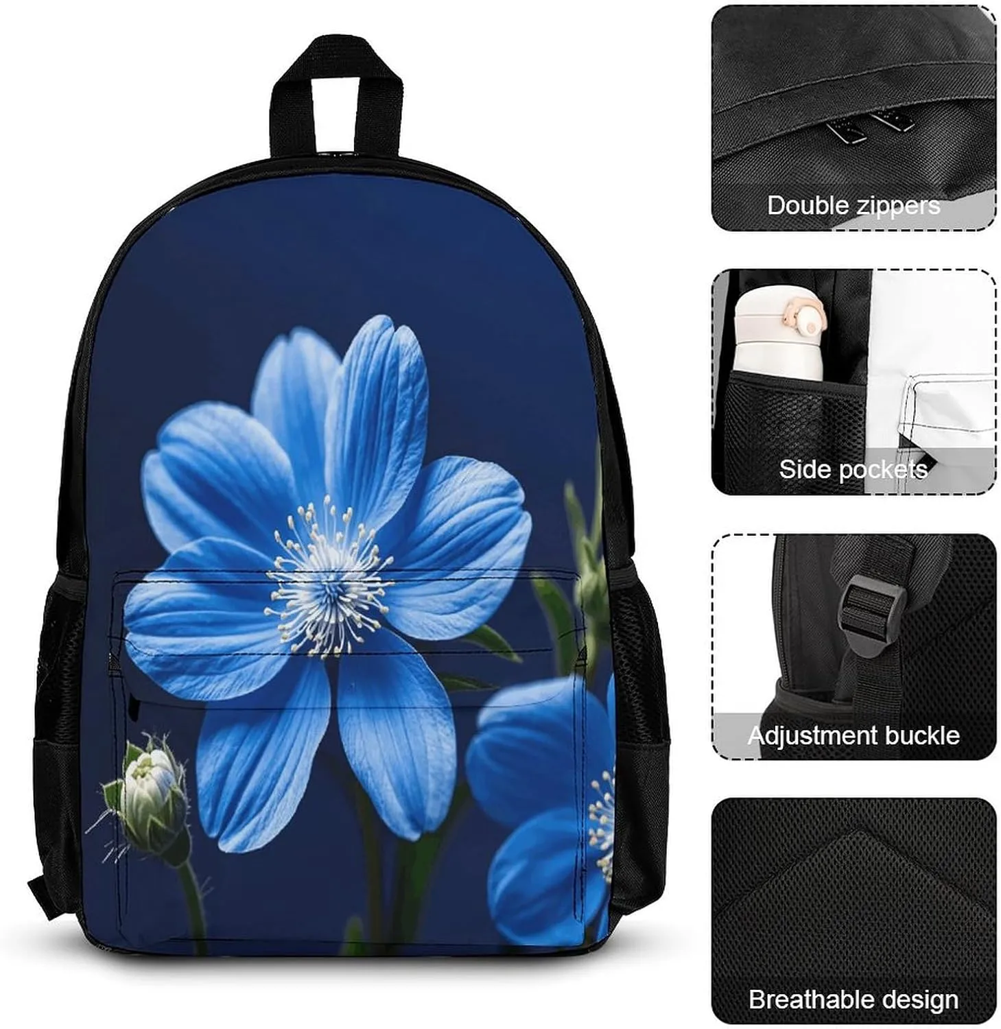 Portable Backpack Set with Lunch Bag & Pencil Case, Blue Twinkle Flower Print 3-in-1 Durable Work Bag,Adjustable Straps,Lightweight & Spacious