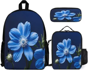Portable Backpack Set with Lunch Bag & Pencil Case, Blue Twinkle Flower Print 3-in-1 Durable Work Bag,Adjustable Straps,Lightweight & Spacious
