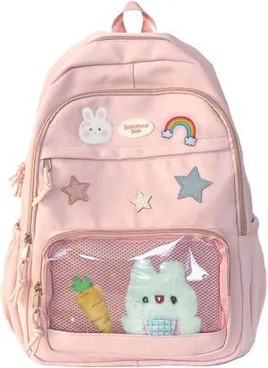 Preppy Backpack School Backpack with Cute Rabbit & Carrot Plushies Cute Pin Accessories Y2K Aesthetic Bag Laptop Backpack Light Rucksack Hiking Travel Bags (Pink)