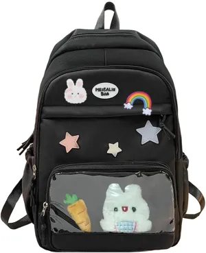 Preppy Backpack with Cute Rabbit & Carrot Plushies Cute Pin Accessories Y2K Aesthetic Backpack Laptop Backpack Light Rucksack Hiking Travel Bags (Black)