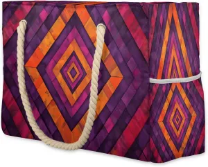 Purple Orange Geometric Pattern Beach Bag for Women Ladies Large Beach Pool Tote Bag Sandproof Beach Tote with Zipper Gym Tote Carry On Bag Reusable Grocery Shopping Bag for Weekender Travel Daily