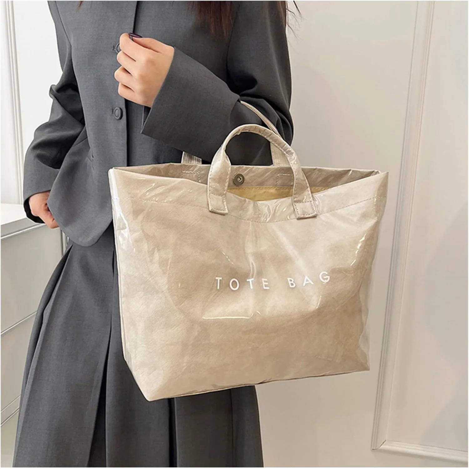 PVC Tote Bags for Women Letter Print Kraft Paper Plastic Tote Bags with Handles Clear Plastic Handbag Shopping Bag
