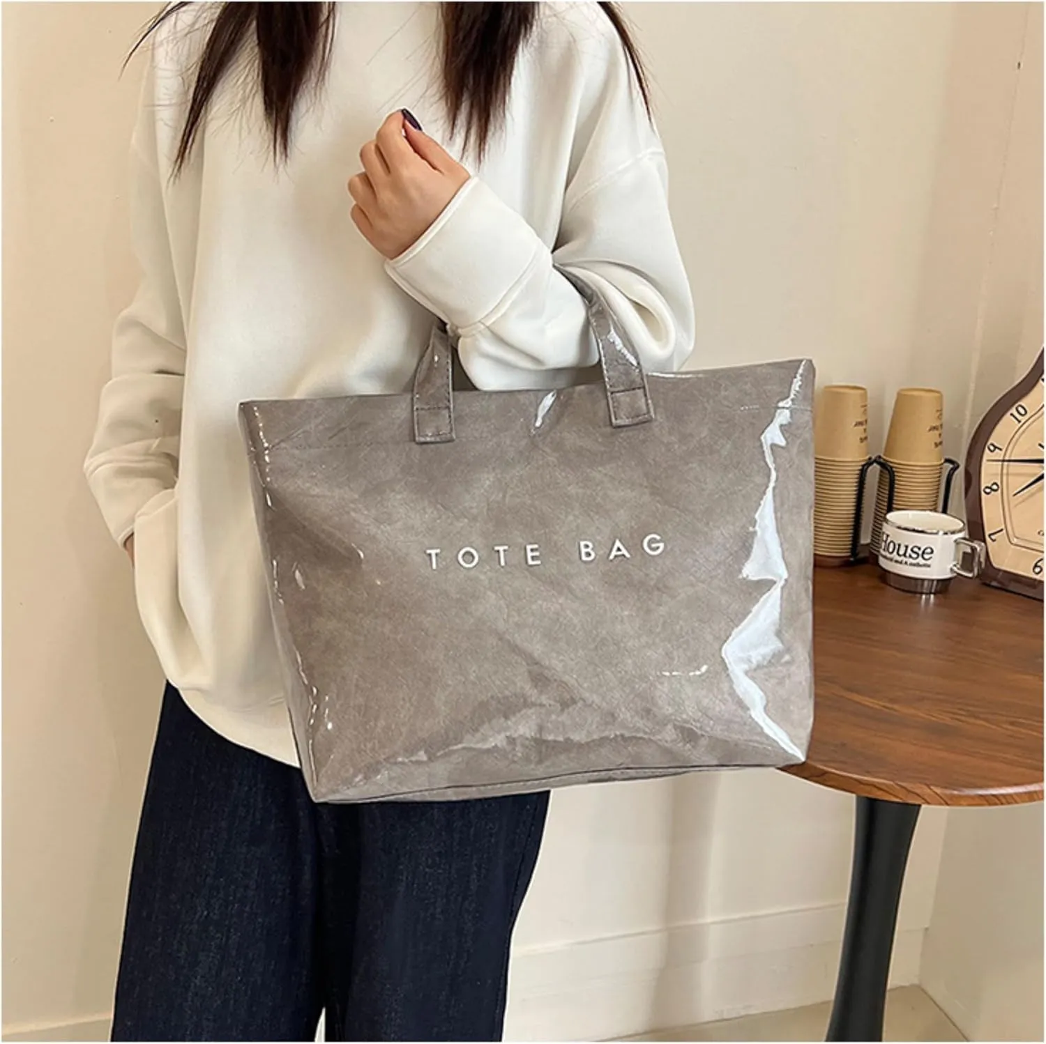 PVC Tote Bags for Women Letter Print Kraft Paper Plastic Tote Bags with Handles Clear Plastic Handbag Shopping Bag