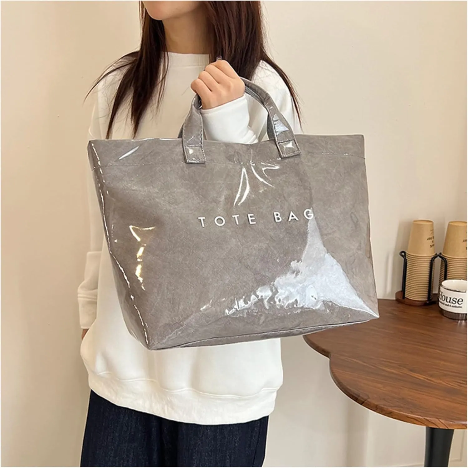 PVC Tote Bags for Women Letter Print Kraft Paper Plastic Tote Bags with Handles Clear Plastic Handbag Shopping Bag