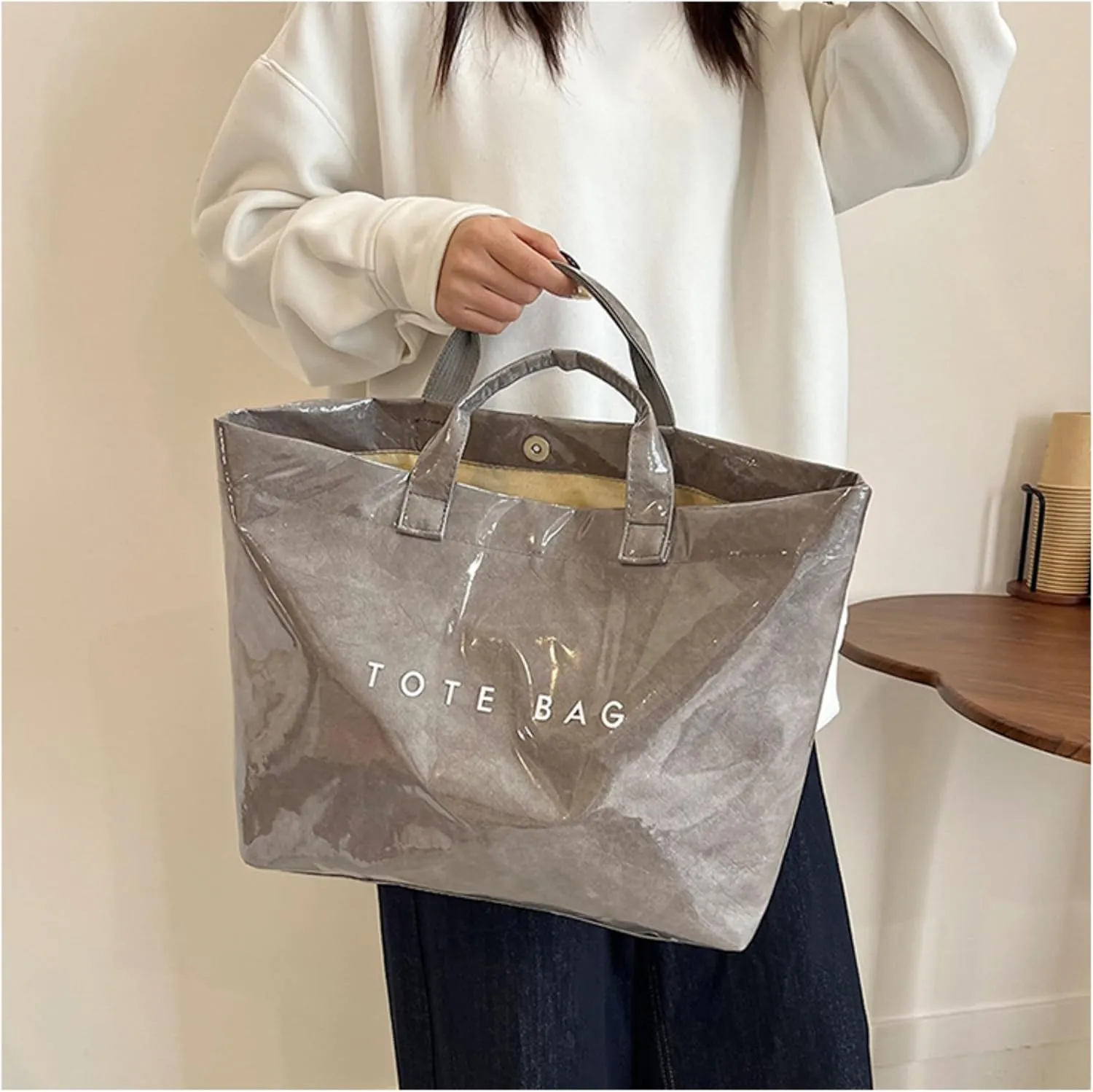 PVC Tote Bags for Women Letter Print Kraft Paper Plastic Tote Bags with Handles Clear Plastic Handbag Shopping Bag