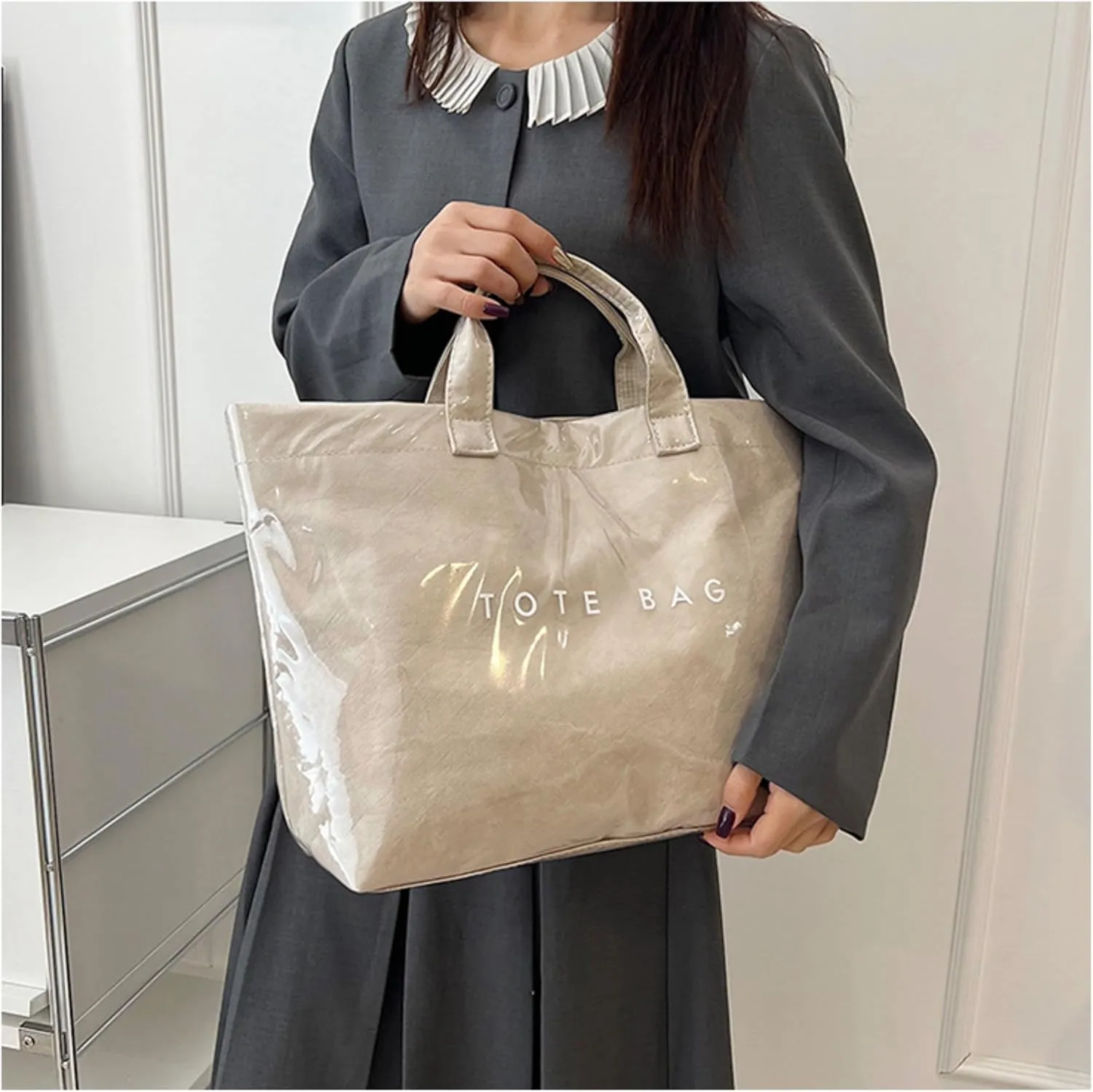 PVC Tote Bags for Women Letter Print Kraft Paper Plastic Tote Bags with Handles Clear Plastic Handbag Shopping Bag