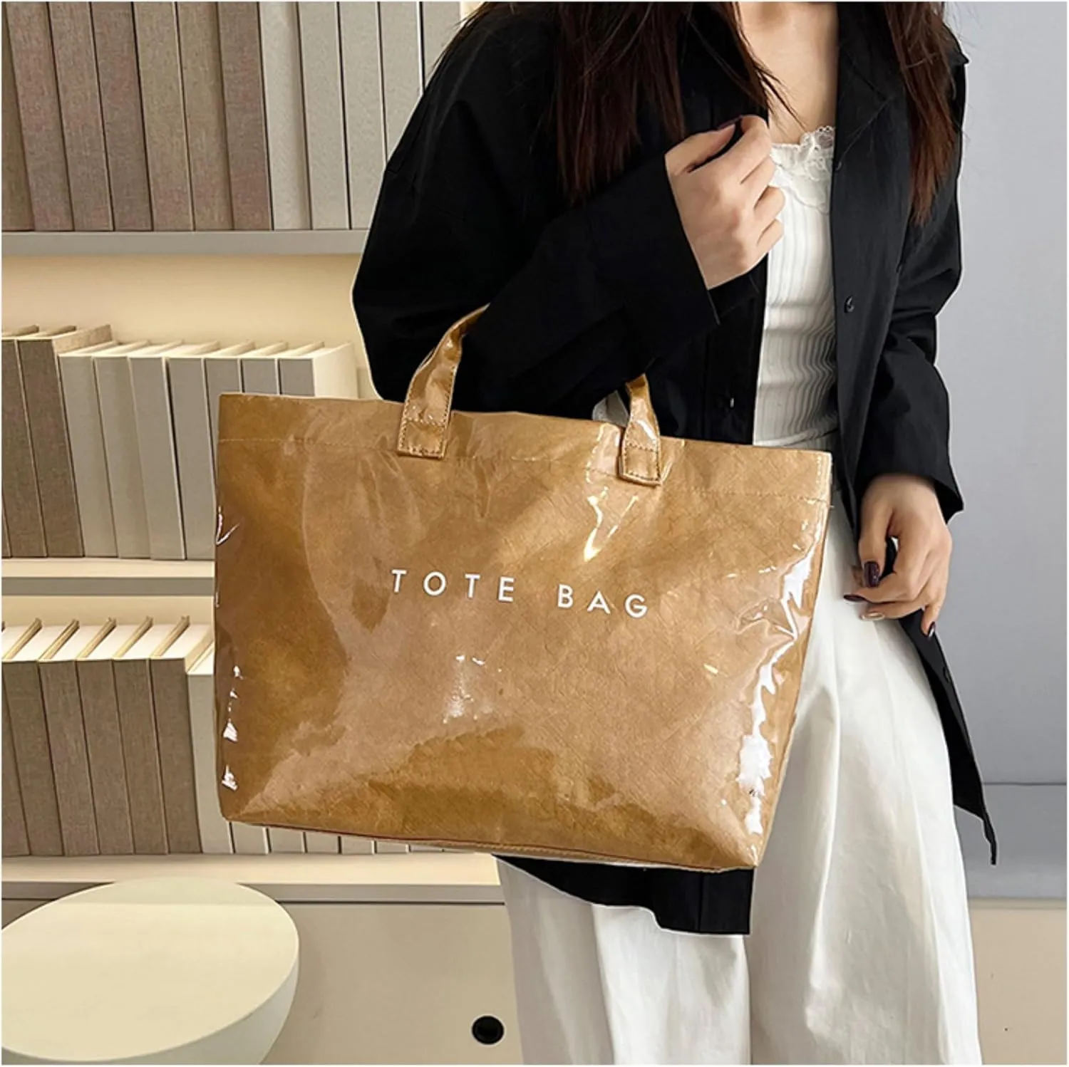 PVC Tote Bags for Women Letter Print Kraft Paper Plastic Tote Bags with Handles Clear Plastic Handbag Shopping Bag