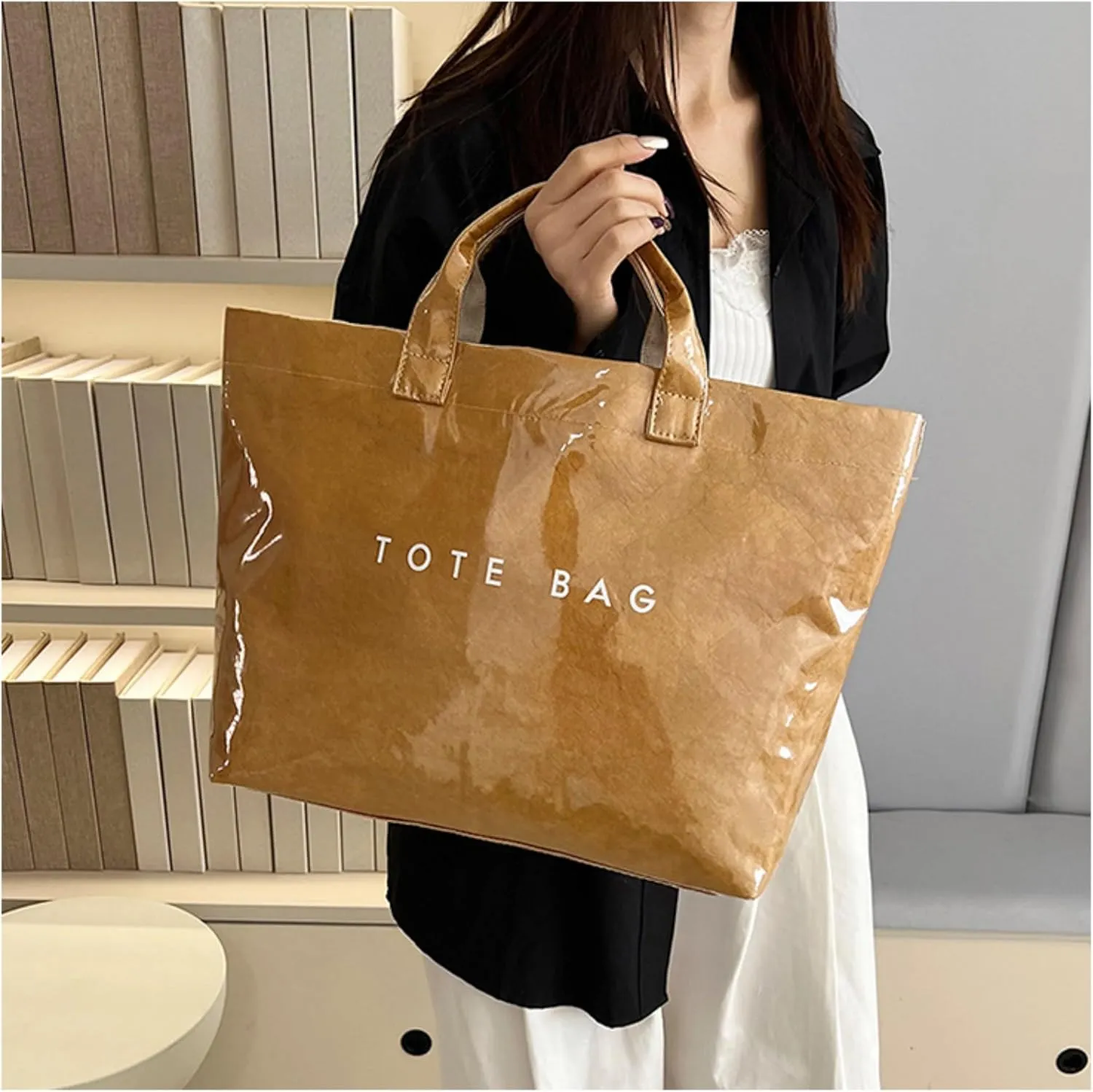 PVC Tote Bags for Women Letter Print Kraft Paper Plastic Tote Bags with Handles Clear Plastic Handbag Shopping Bag
