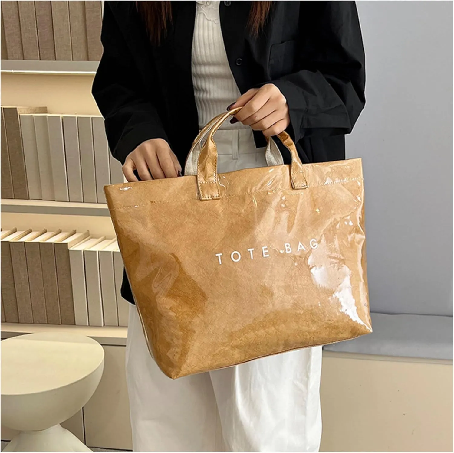 PVC Tote Bags for Women Letter Print Kraft Paper Plastic Tote Bags with Handles Clear Plastic Handbag Shopping Bag