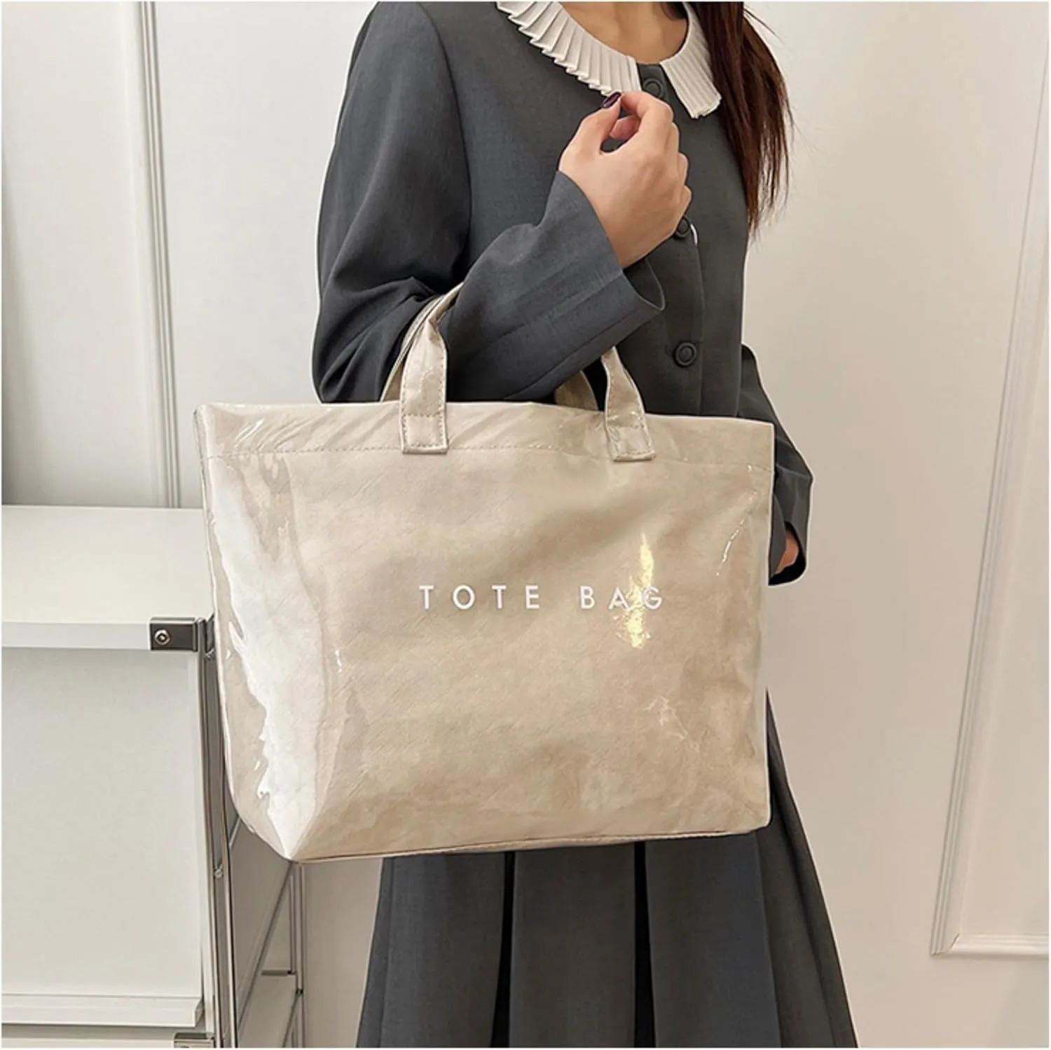 PVC Tote Bags for Women Letter Print Kraft Paper Plastic Tote Bags with Handles Clear Plastic Handbag Shopping Bag