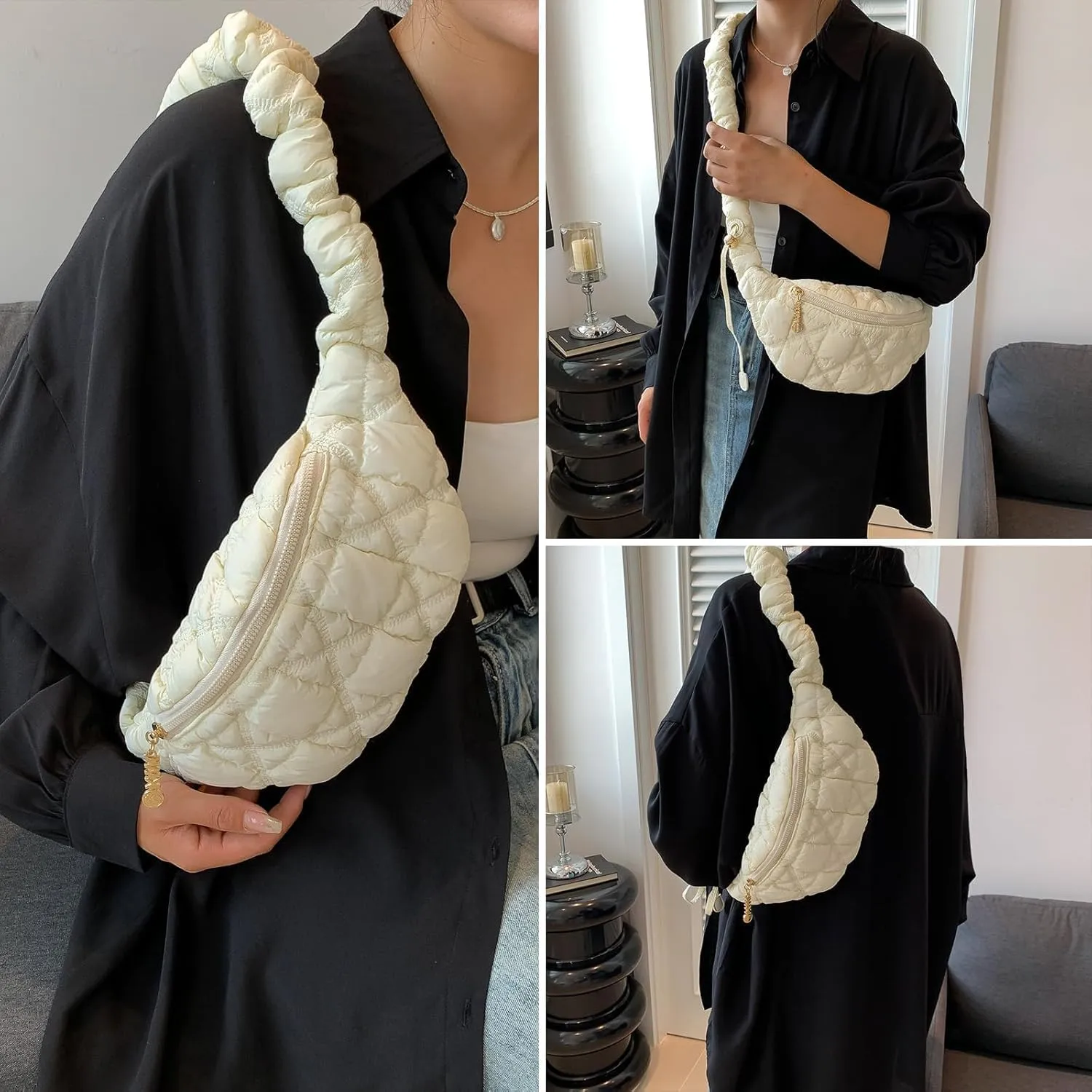 Quilted Crossbody Bags for Women Small Soft Lightweight Fanny Packs Quilted Padding Shoulder Handbag Hobo Bag