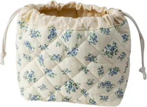 Quilted Drawstring Makeup Bag with Canvas Lining, Floral Coquette Aesthetic Cute Cotton Travel Toiletry Bag for Women and Girls (Green)