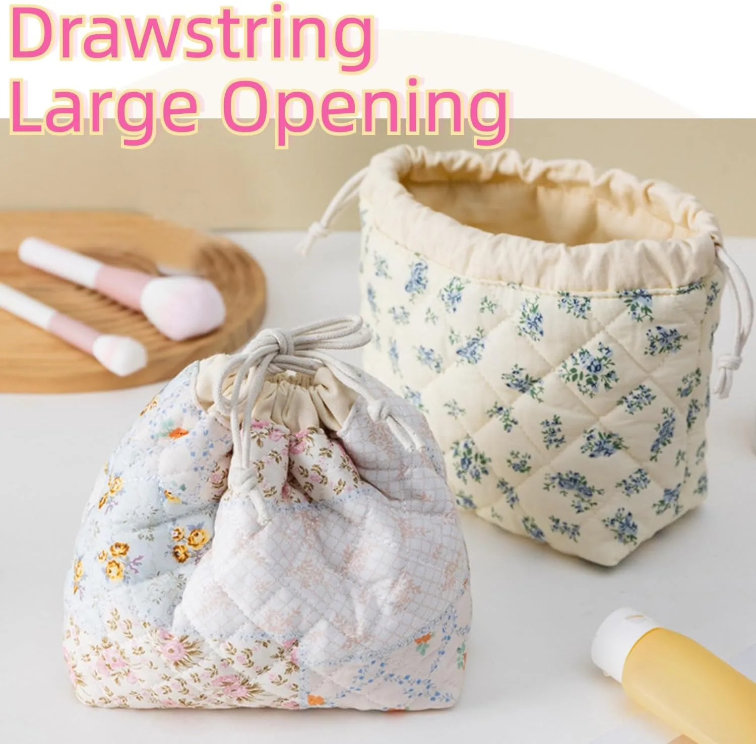 Quilted Drawstring Makeup Bag with Canvas Lining, Floral Coquette Aesthetic Cute Cotton Travel Toiletry Bag for Women and Girls (Green)