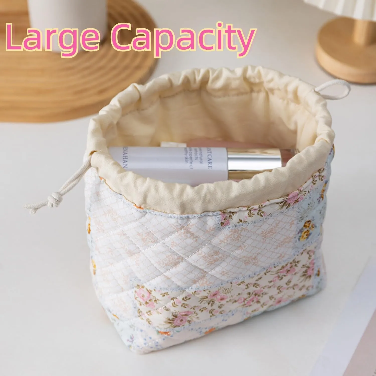 Quilted Drawstring Makeup Bag with Canvas Lining, Floral Coquette Aesthetic Cute Cotton Travel Toiletry Bag for Women and Girls (Green)