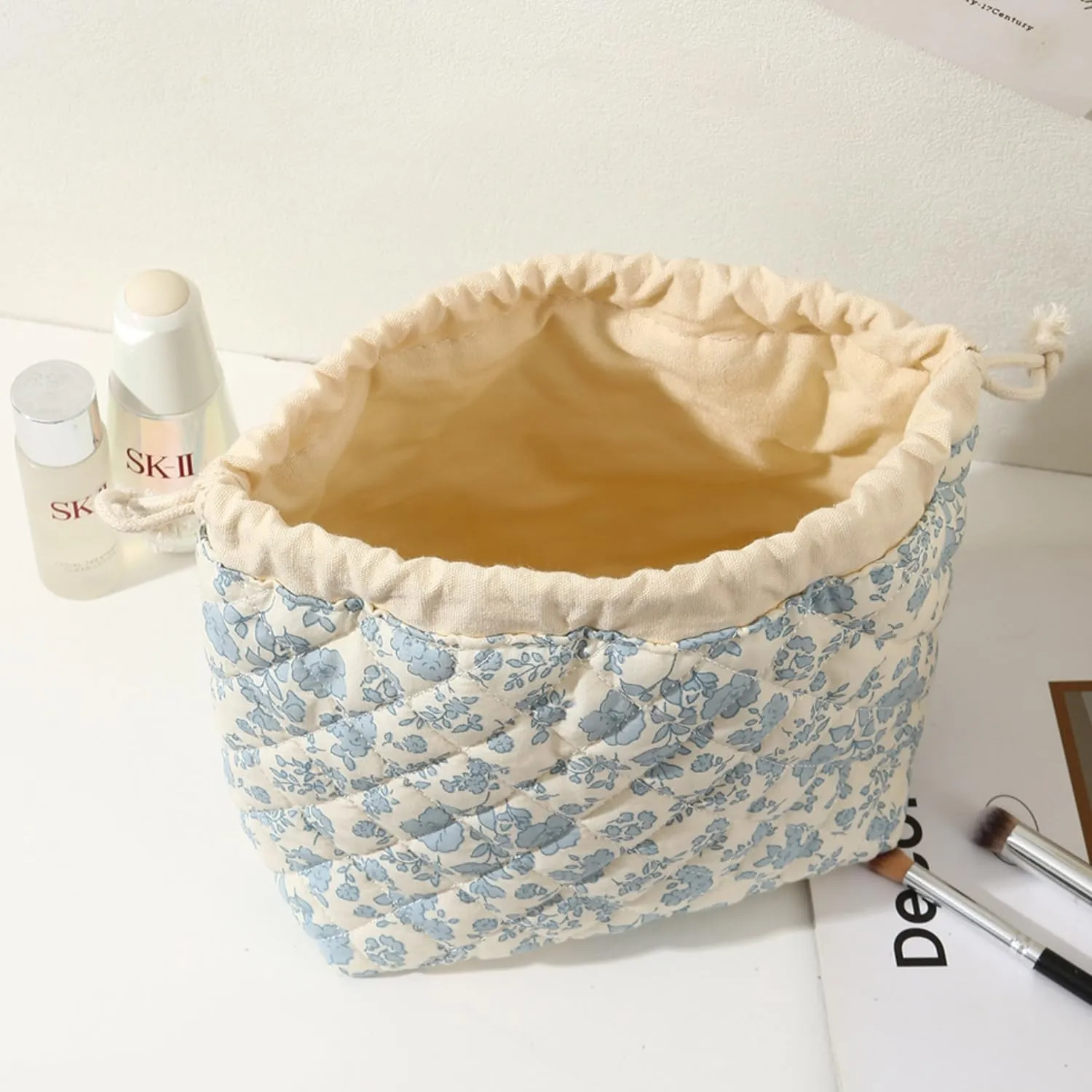 Quilted Drawstring Makeup Bag with Canvas Lining, Floral Coquette Aesthetic Cute Cotton Travel Toiletry Bag for Women and Girls (Green)