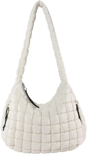 Quilted Puffer Tote Bag, Lightweight Tote Shoulder Bags with Zipper, Large Nylon Hobo Bag Soft Puffer Crossbody Bags