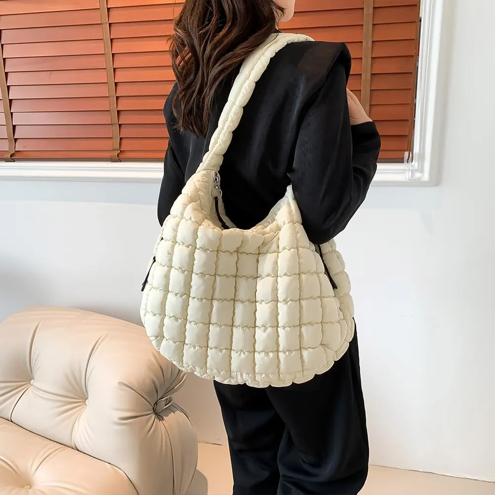 Quilted Puffer Tote Bag, Lightweight Tote Shoulder Bags with Zipper, Large Nylon Hobo Bag Soft Puffer Crossbody Bags