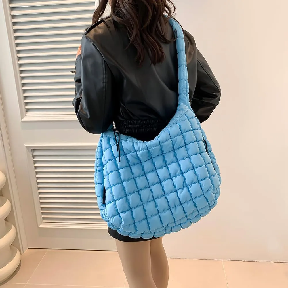 Quilted Puffer Tote Bag, Lightweight Tote Shoulder Bags with Zipper, Large Nylon Hobo Bag Soft Puffer Crossbody Bags