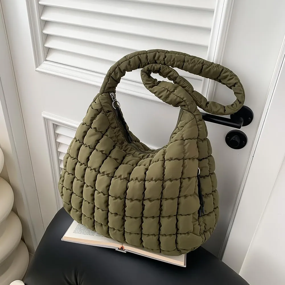 Quilted Puffer Tote Bag, Lightweight Tote Shoulder Bags with Zipper, Large Nylon Hobo Bag Soft Puffer Crossbody Bags