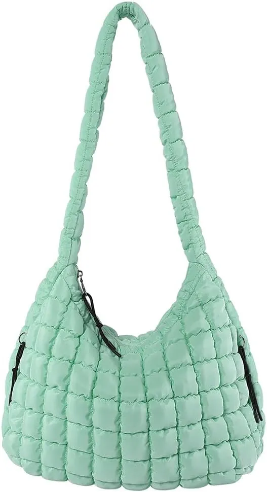 Quilted Puffer Tote Bag, Lightweight Tote Shoulder Bags with Zipper, Large Nylon Hobo Bag Soft Puffer Crossbody Bags