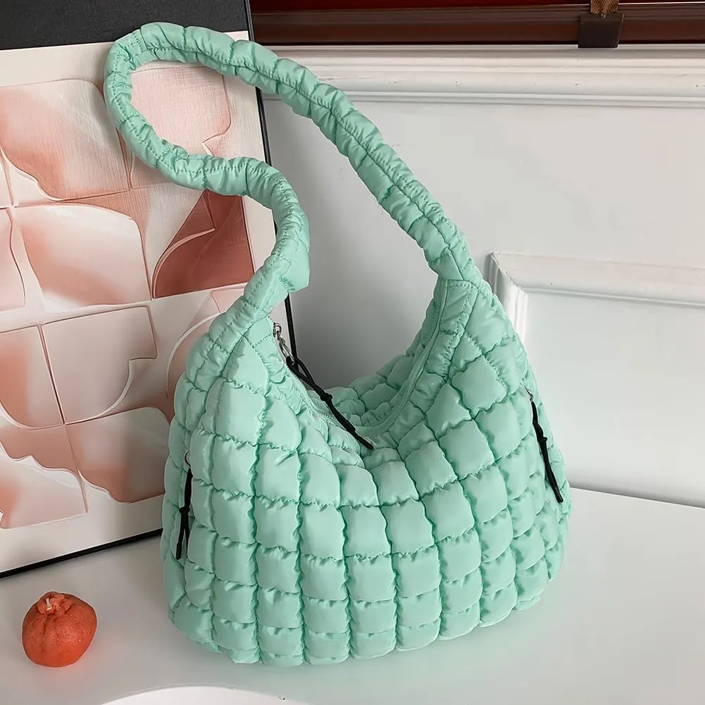Quilted Puffer Tote Bag, Lightweight Tote Shoulder Bags with Zipper, Large Nylon Hobo Bag Soft Puffer Crossbody Bags