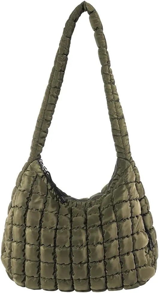 Quilted Puffer Tote Bag, Lightweight Tote Shoulder Bags with Zipper, Large Nylon Hobo Bag Soft Puffer Crossbody Bags