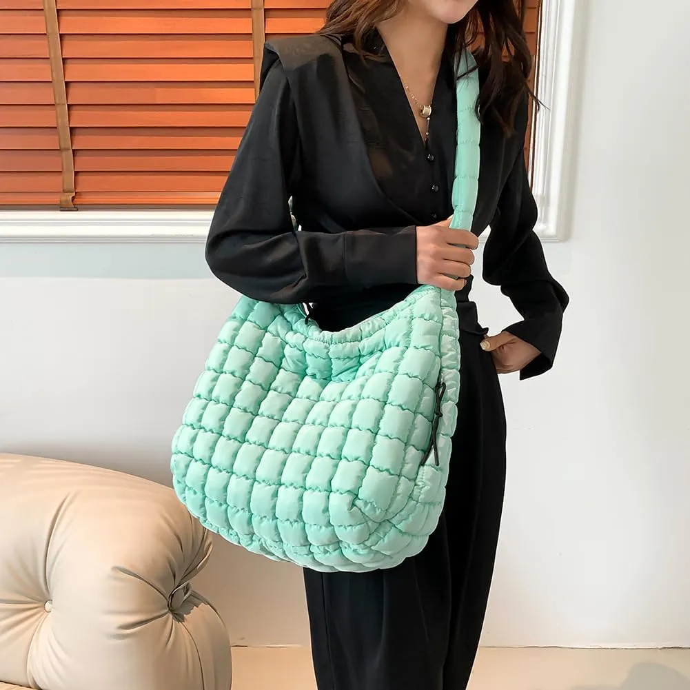 Quilted Puffer Tote Bag, Lightweight Tote Shoulder Bags with Zipper, Large Nylon Hobo Bag Soft Puffer Crossbody Bags