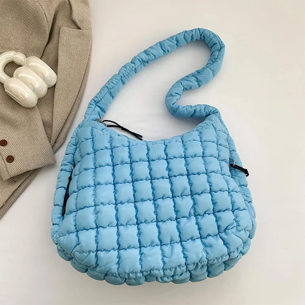 Quilted Puffer Tote Bag, Lightweight Tote Shoulder Bags with Zipper, Large Nylon Hobo Bag Soft Puffer Crossbody Bags
