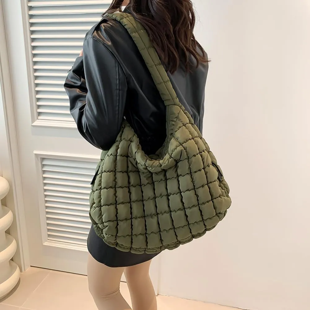 Quilted Puffer Tote Bag, Lightweight Tote Shoulder Bags with Zipper, Large Nylon Hobo Bag Soft Puffer Crossbody Bags