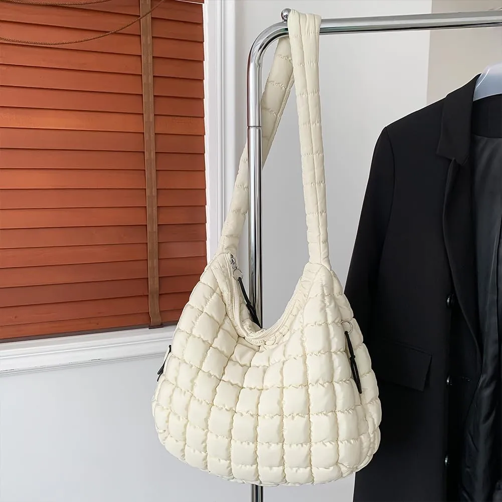 Quilted Puffer Tote Bag, Lightweight Tote Shoulder Bags with Zipper, Large Nylon Hobo Bag Soft Puffer Crossbody Bags