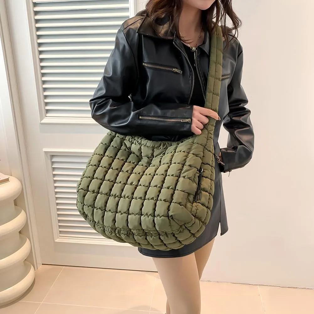Quilted Puffer Tote Bag, Lightweight Tote Shoulder Bags with Zipper, Large Nylon Hobo Bag Soft Puffer Crossbody Bags