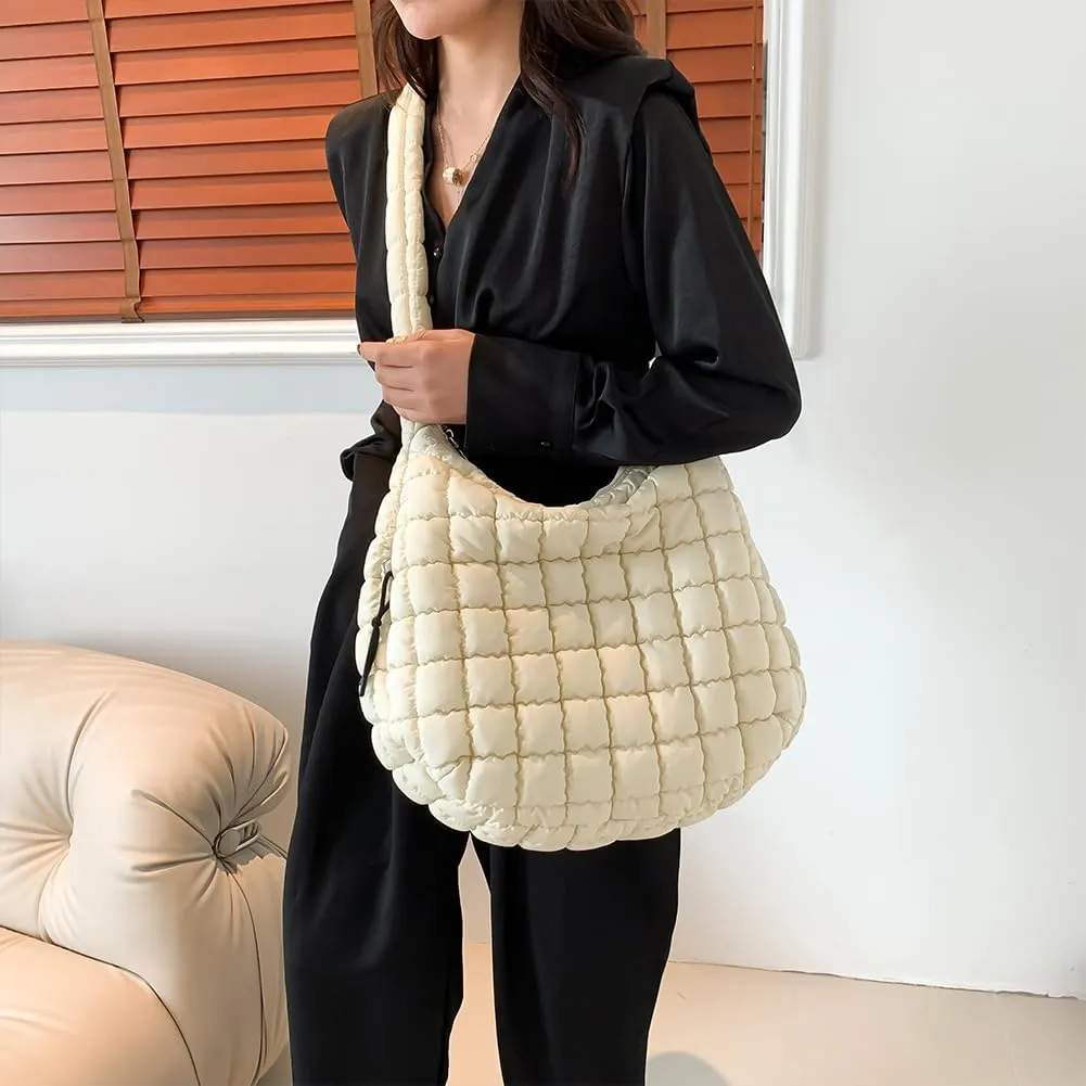 Quilted Puffer Tote Bag, Lightweight Tote Shoulder Bags with Zipper, Large Nylon Hobo Bag Soft Puffer Crossbody Bags