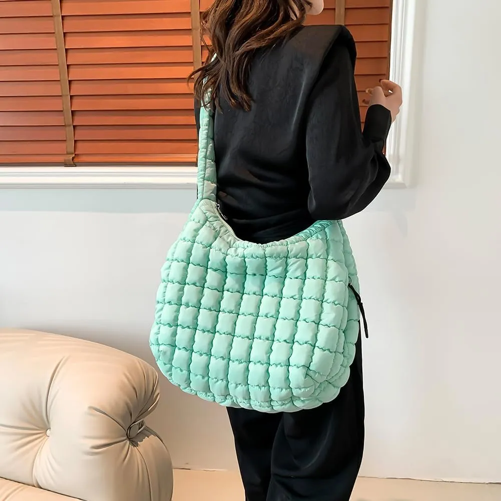 Quilted Puffer Tote Bag, Lightweight Tote Shoulder Bags with Zipper, Large Nylon Hobo Bag Soft Puffer Crossbody Bags
