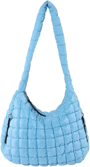 Quilted Puffer Tote Bag, Lightweight Tote Shoulder Bags with Zipper, Large Nylon Hobo Bag Soft Puffer Crossbody Bags