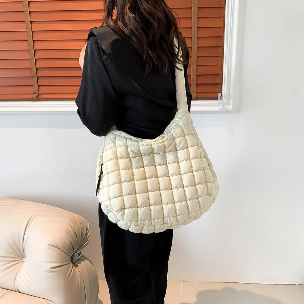 Quilted Puffer Tote Bag, Lightweight Tote Shoulder Bags with Zipper, Large Nylon Hobo Bag Soft Puffer Crossbody Bags