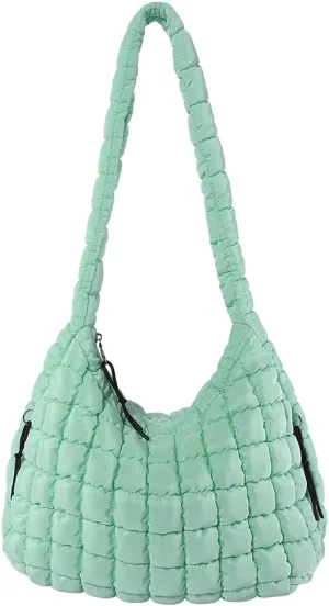 Quilted Puffer Tote Bag, Lightweight Tote Shoulder Bags with Zipper, Large Nylon Hobo Bag Soft Puffer Crossbody Bags