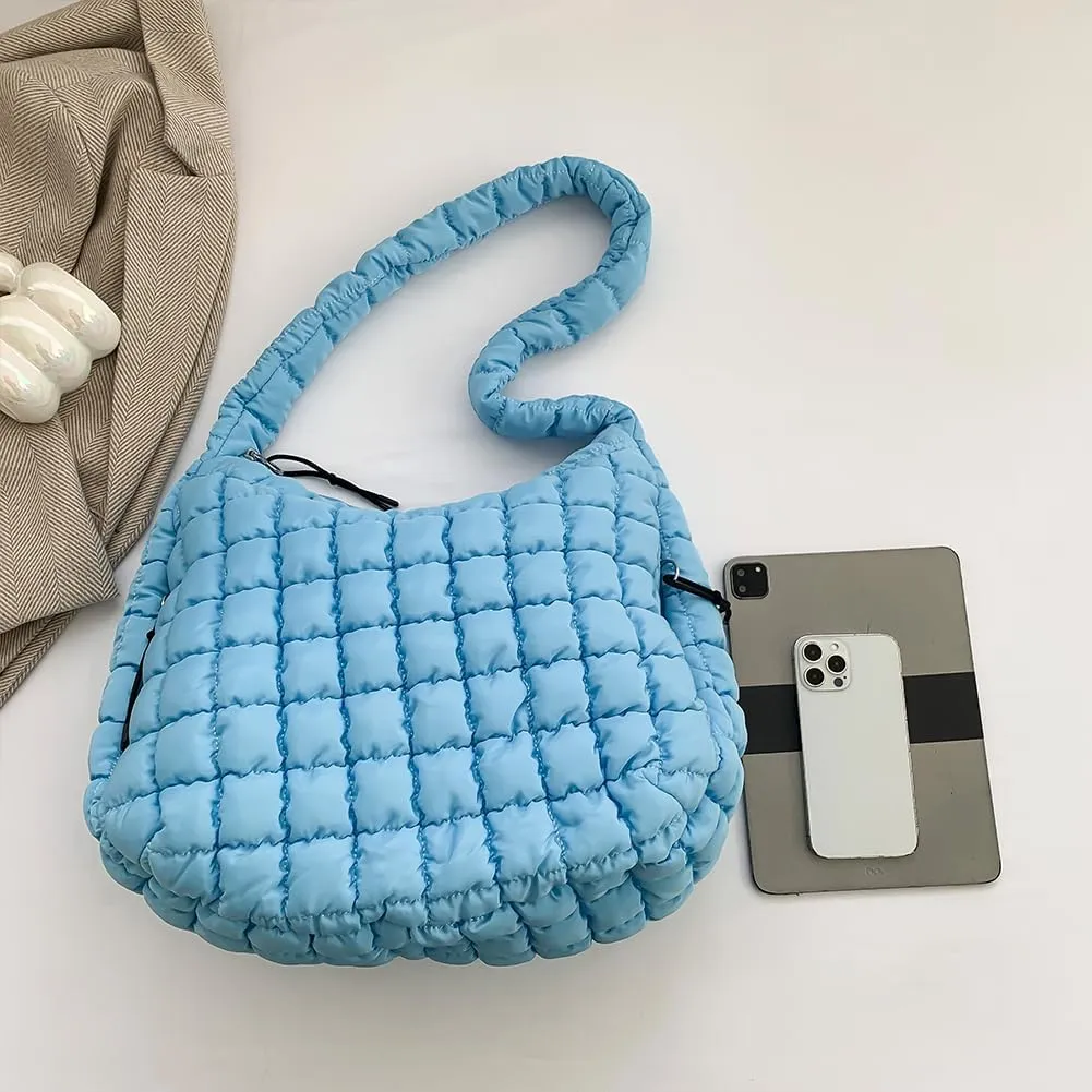 Quilted Puffer Tote Bag, Lightweight Tote Shoulder Bags with Zipper, Large Nylon Hobo Bag Soft Puffer Crossbody Bags