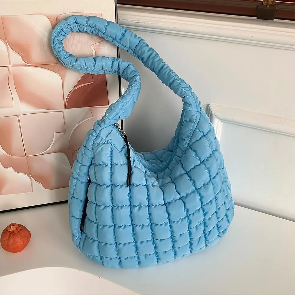 Quilted Puffer Tote Bag, Lightweight Tote Shoulder Bags with Zipper, Large Nylon Hobo Bag Soft Puffer Crossbody Bags